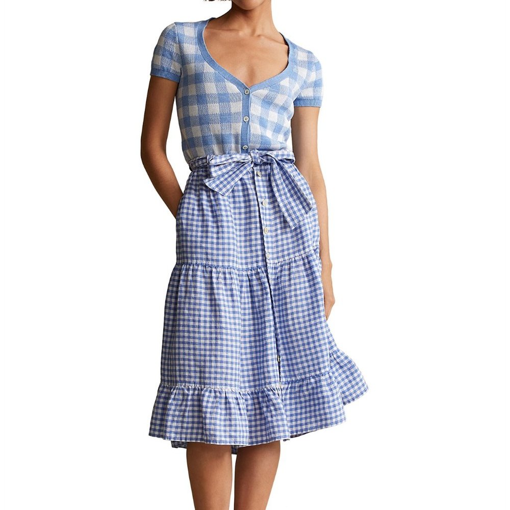 Polo Ralph Lauren Gingham Tiered Linen Midi Skirt